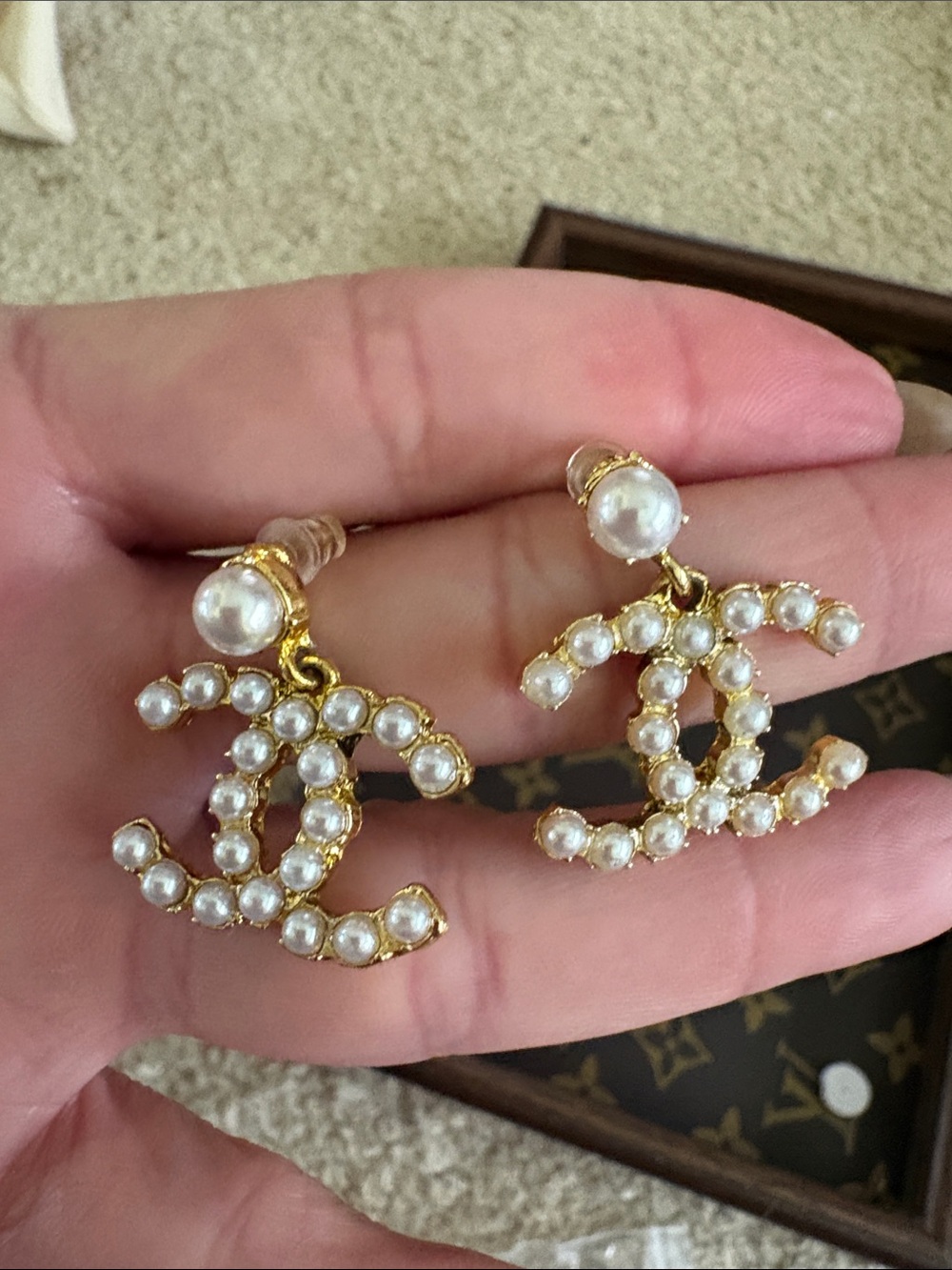 Gold-Tone Faux Pearl Interlocking Logo Drop Earrings - White Pearls